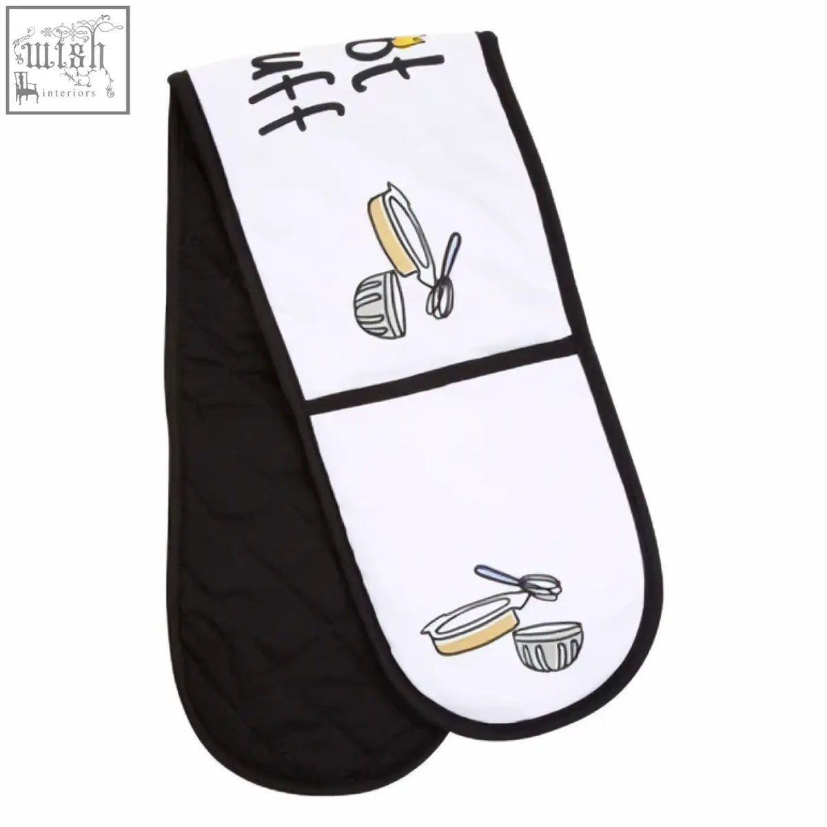 White and black quilted double oven glove with doodle kitchen utensils design for hot stuff protection
