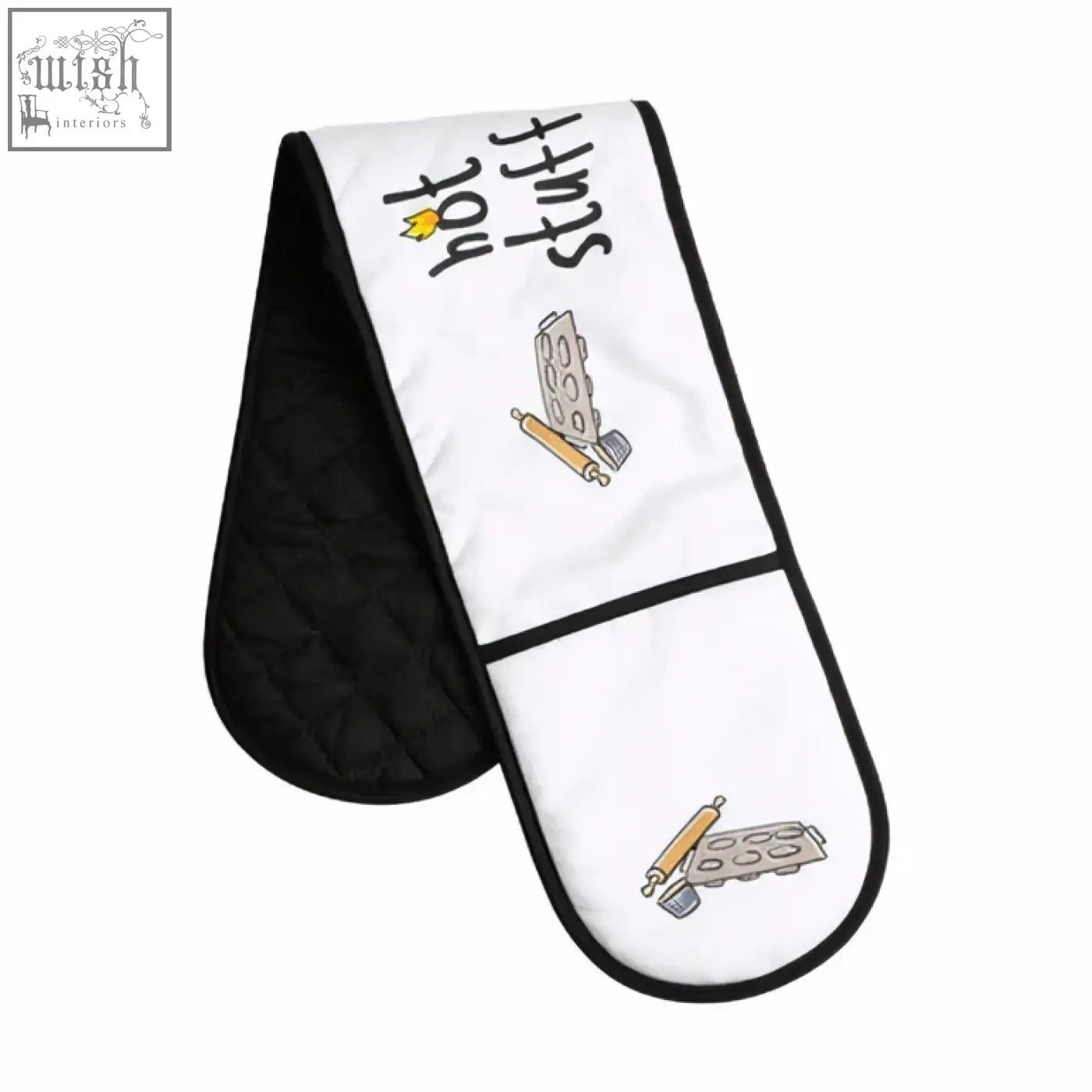 White and black double oven glove with fun hot stuff design featuring cartoon kitchen tools for safe oven use