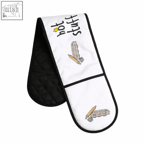 White and black double oven glove with fun hot stuff design featuring cartoon kitchen tools for safe oven use