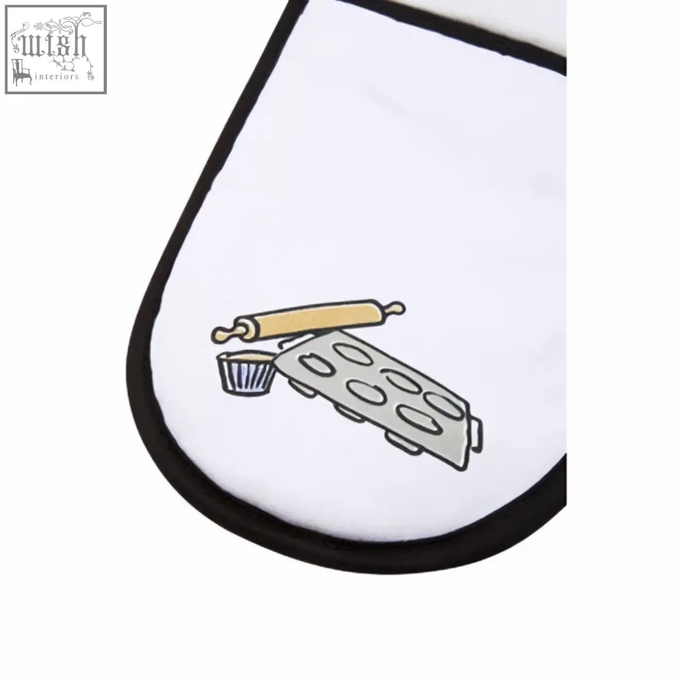 White double oven glove with black trim featuring a playful rolling pin and muffin tin illustration