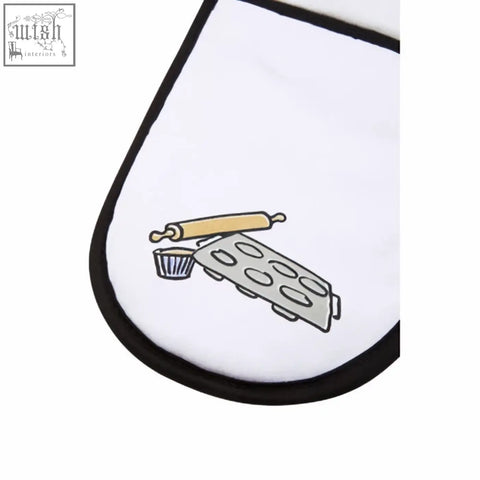 White double oven glove with black trim featuring a playful rolling pin and muffin tin illustration