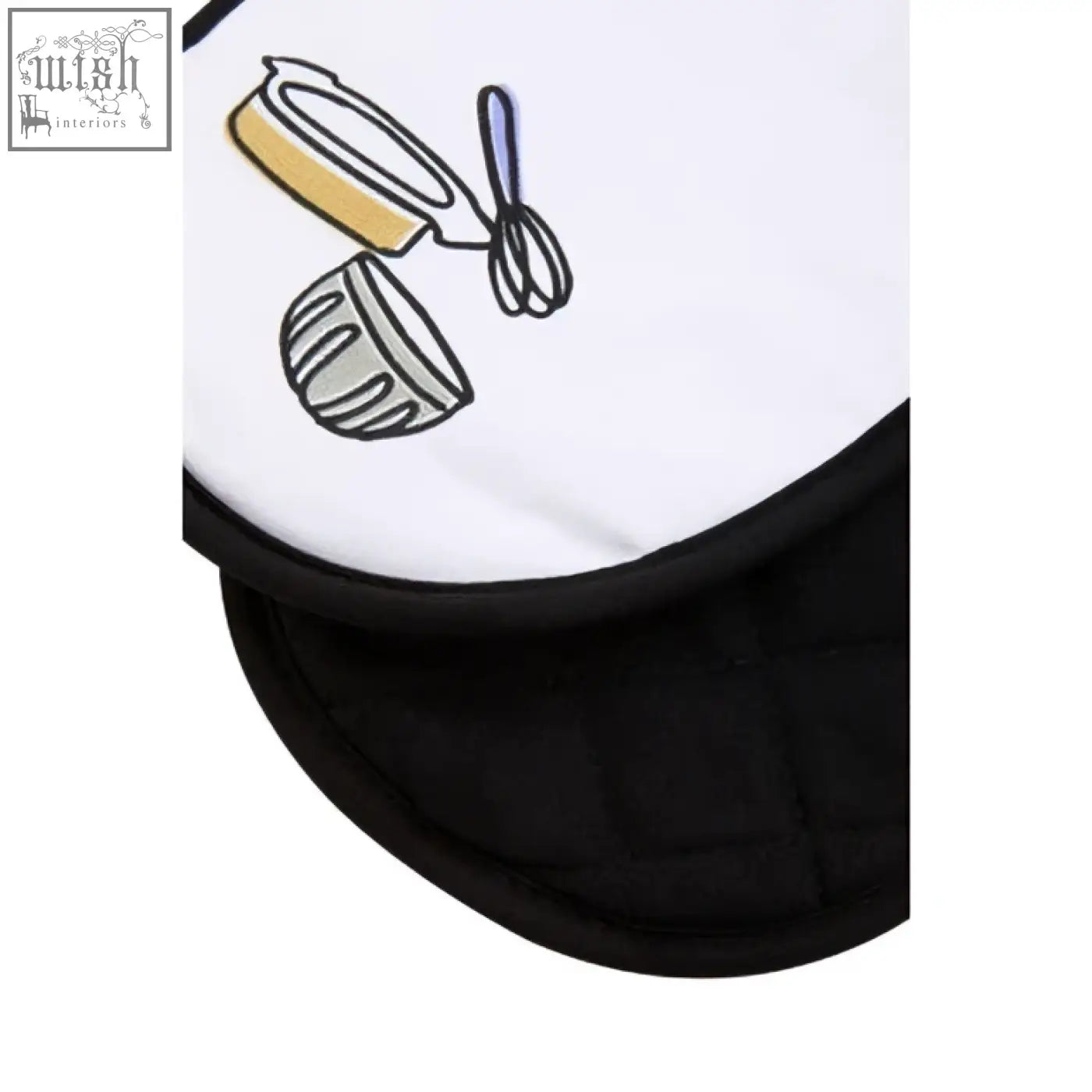 White double oven glove with black quilted border and fun kitchen utensils illustration for oven safety