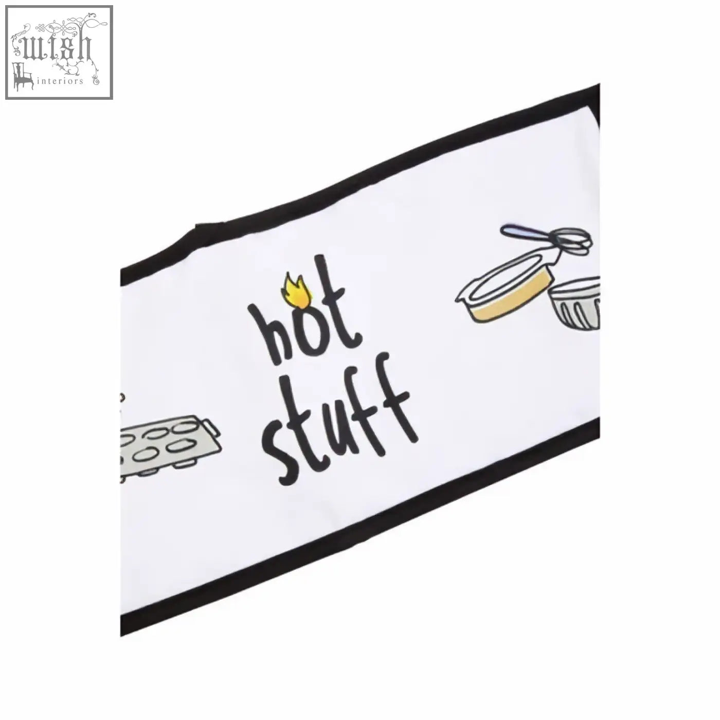White kitchen towel with black border and playful hot stuff text with cooking utensils next to doodle hot stuff double oven glove