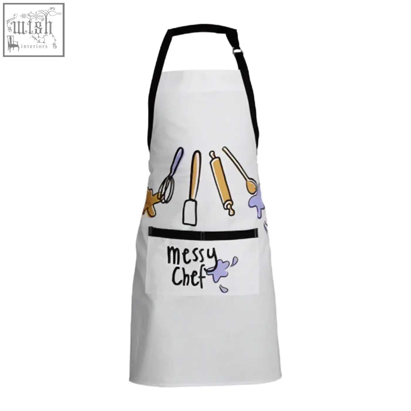White cotton kitchen apron with black straps and playful messy chef doodle featuring kitchen utensils design