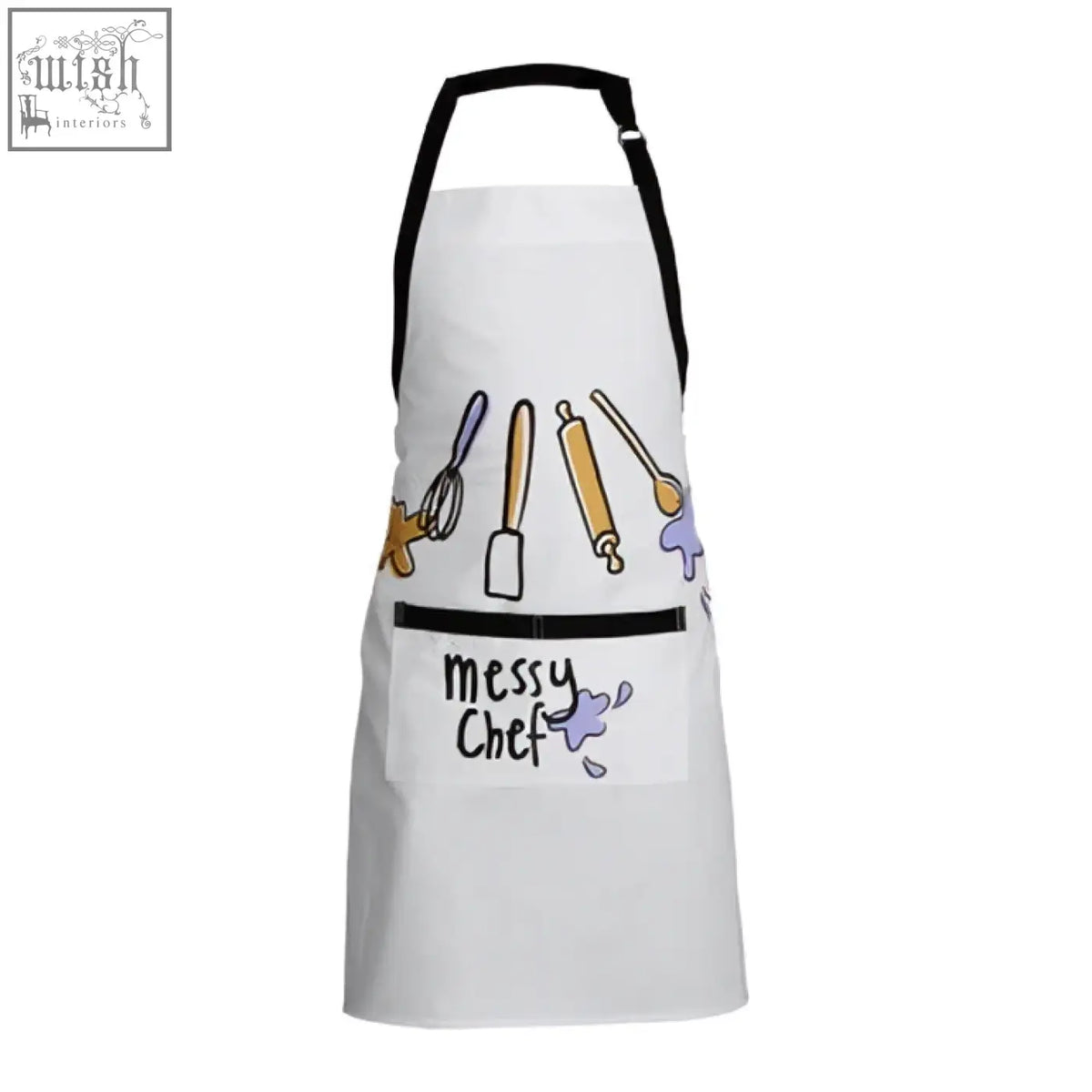 White cotton kitchen apron with black straps and playful messy chef doodle featuring kitchen utensils design