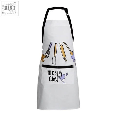 White cotton kitchen apron with black straps and playful messy chef doodle featuring kitchen utensils design