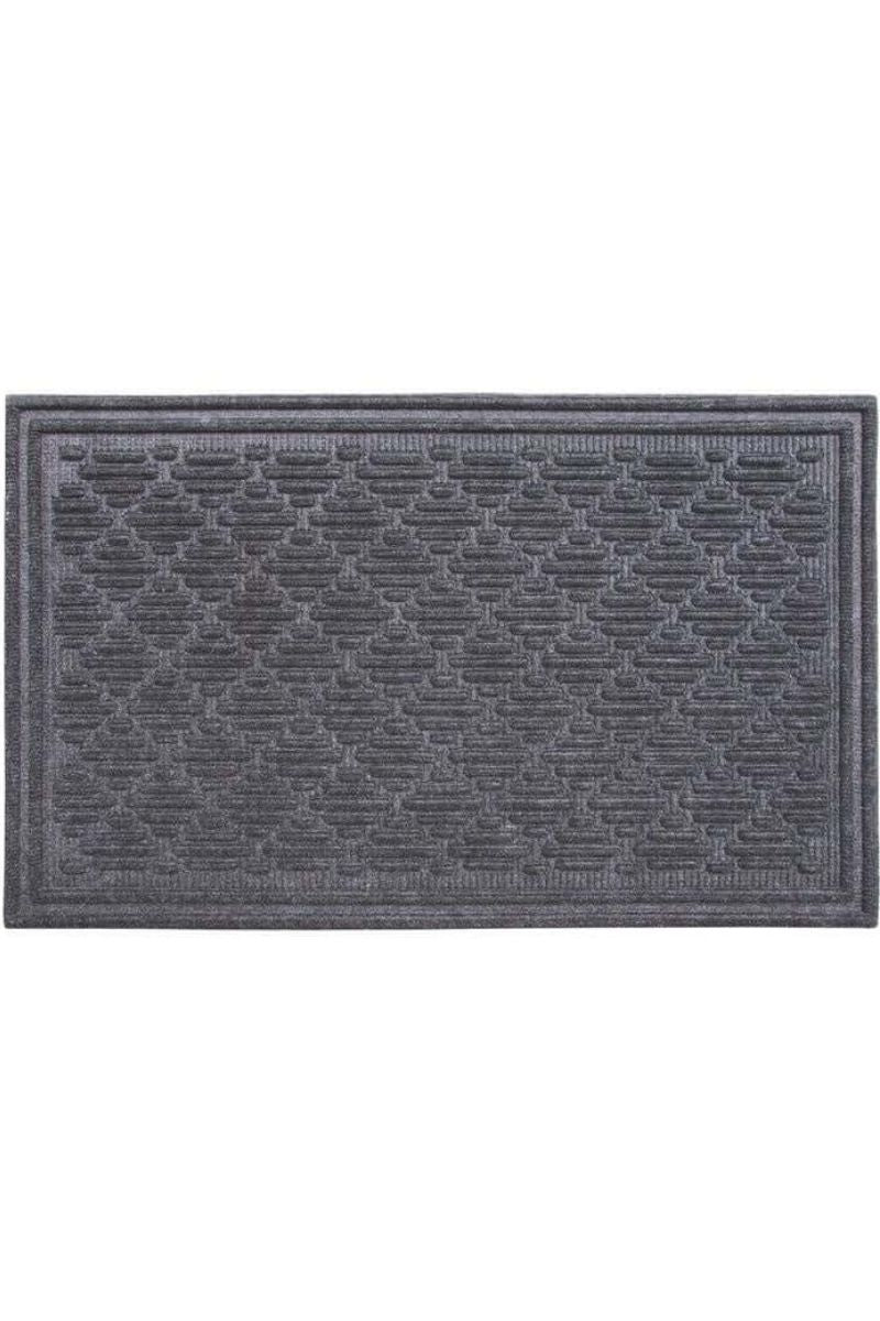 Gray rectangular doormat with textured diamond design pattern and raised border perfect for entryways