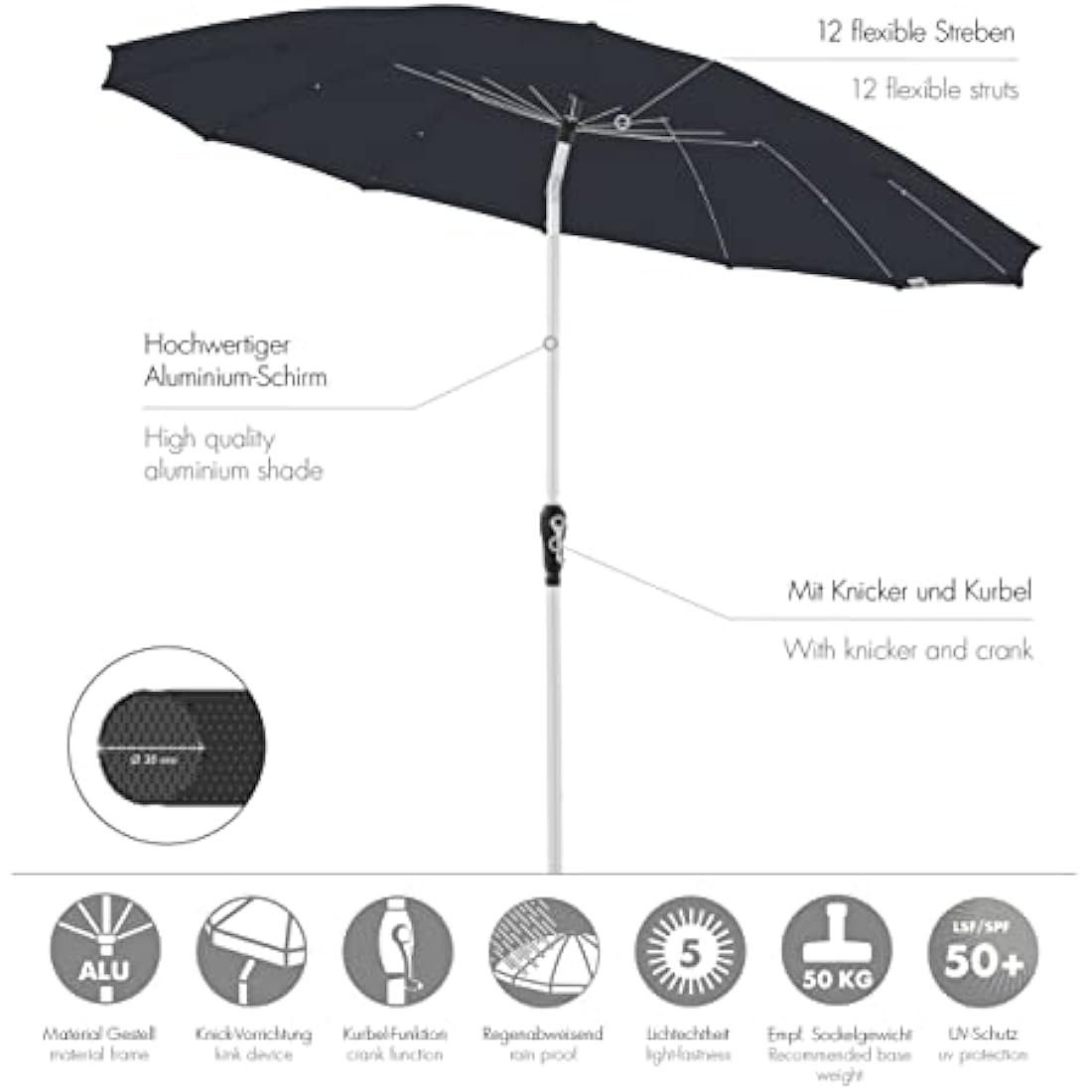 Black doppler asia look aluminium crank umbrella with 12 flexible struts and uv protection for garden use
