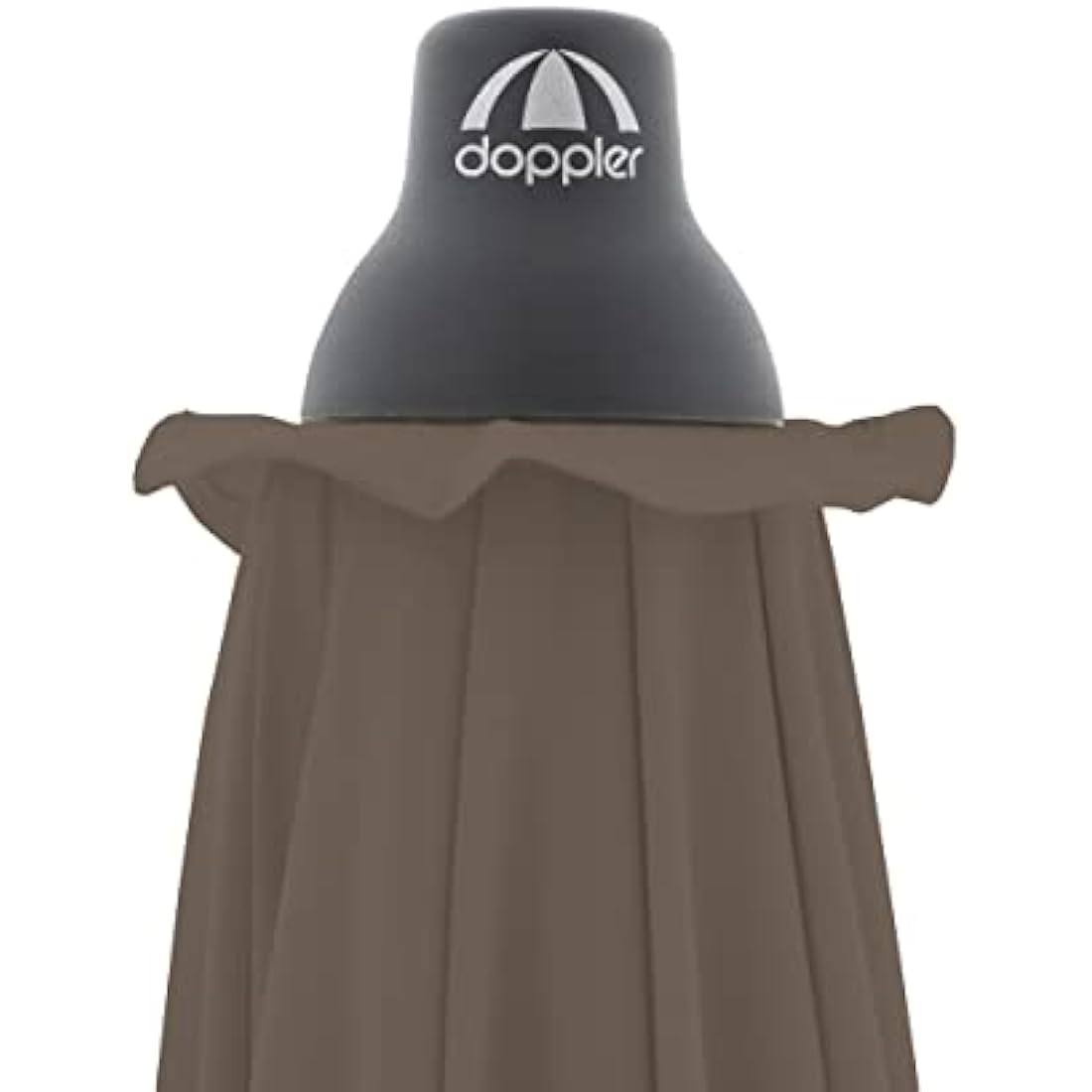 A sleek dark gray doppler crank umbrella with uv protection 50 plus and a brown pleated polyester skirt