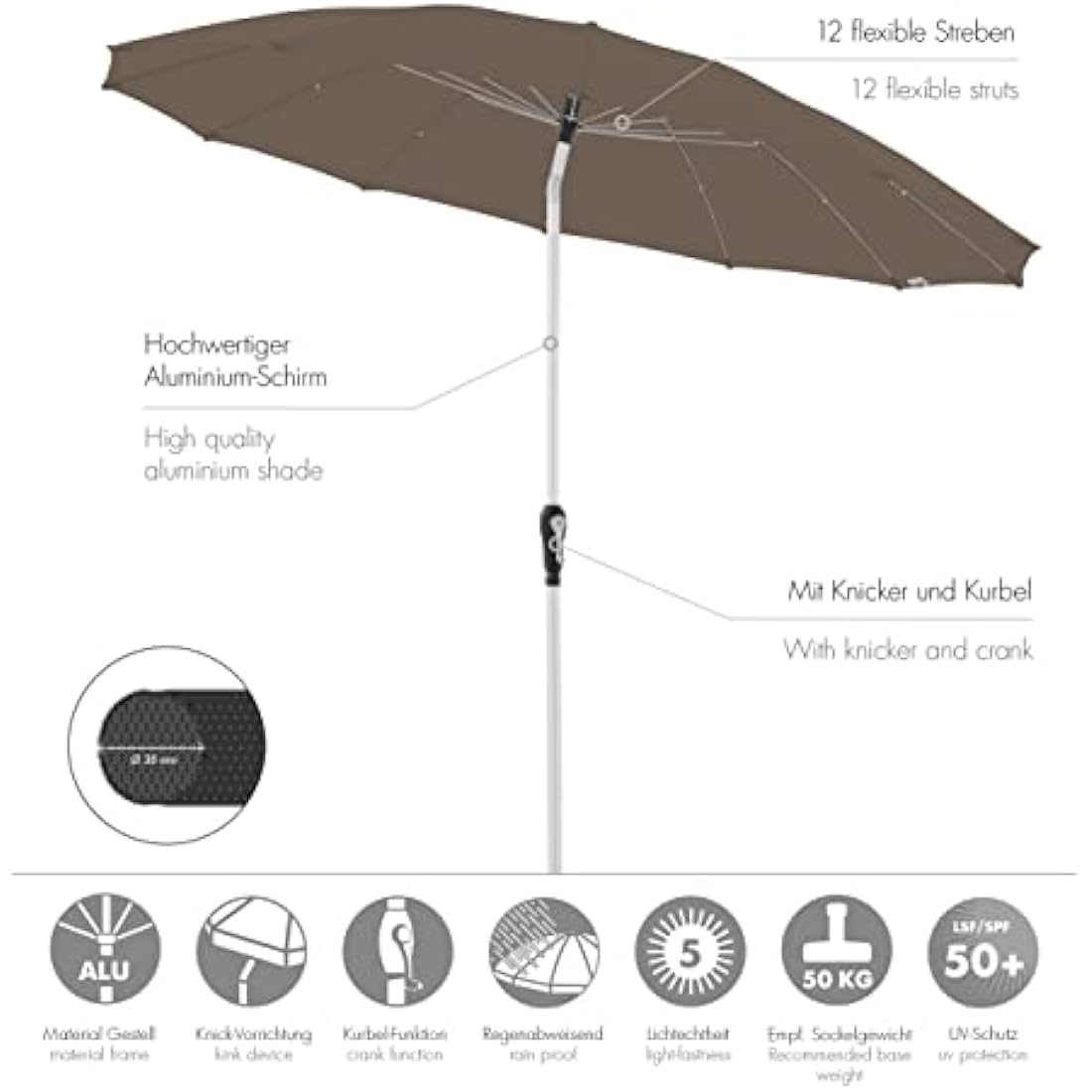 Brown doppler parasol asia look crank umbrella with 12 flexible struts and aluminum frame for garden use