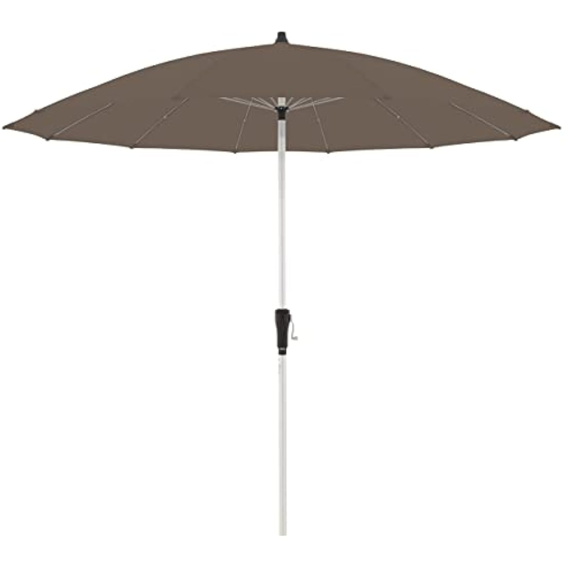 Brown doppler parasol crank umbrella with white metal pole and black crank handle, made of rainproof polyester