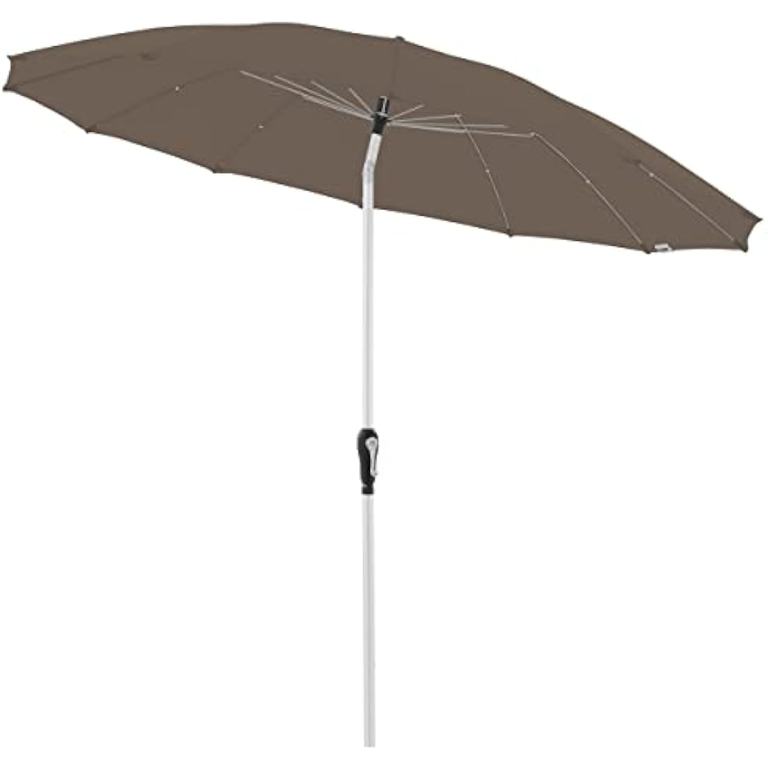 Brown doppler parasol crank umbrella with white aluminum pole and black crank handle for garden use