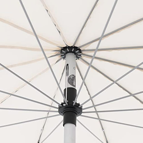 White fabric umbrella roof with silver ribs and black accents on central pole crank umbrella and real eye catcher