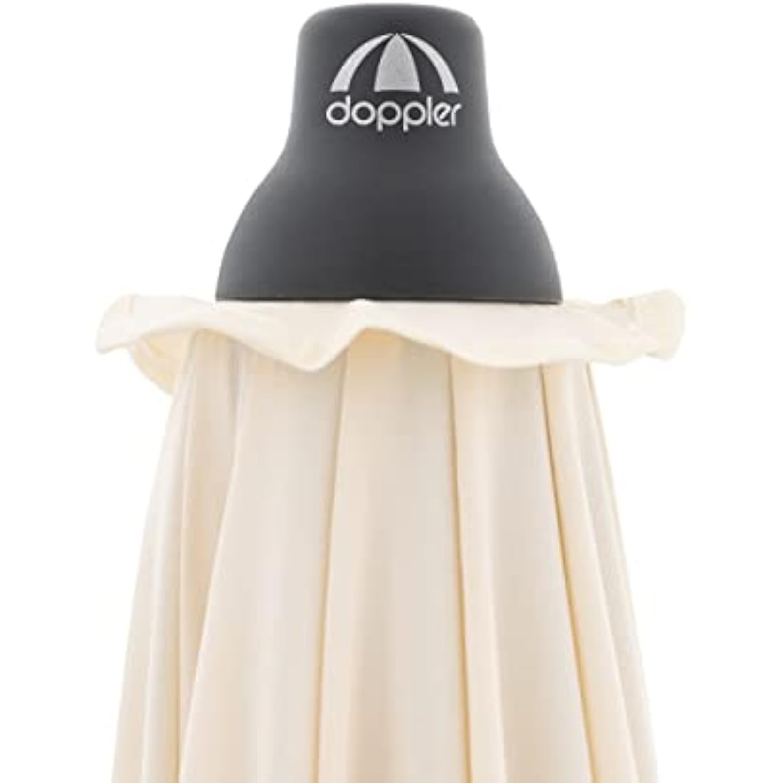 Cream-colored doppler garden umbrella with black branded umbrella roof made of rainproof polyester and aluminium frame