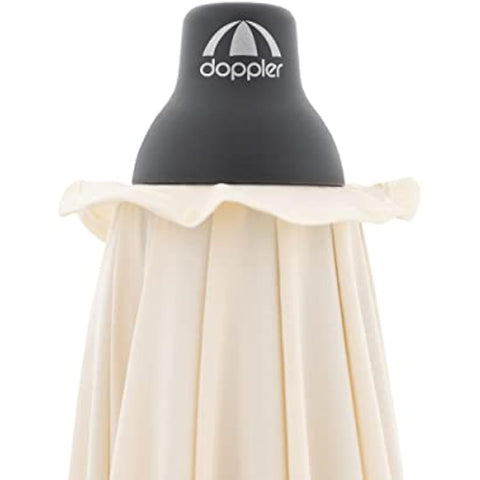 Cream-colored doppler garden umbrella with black branded umbrella roof made of rainproof polyester and aluminium frame