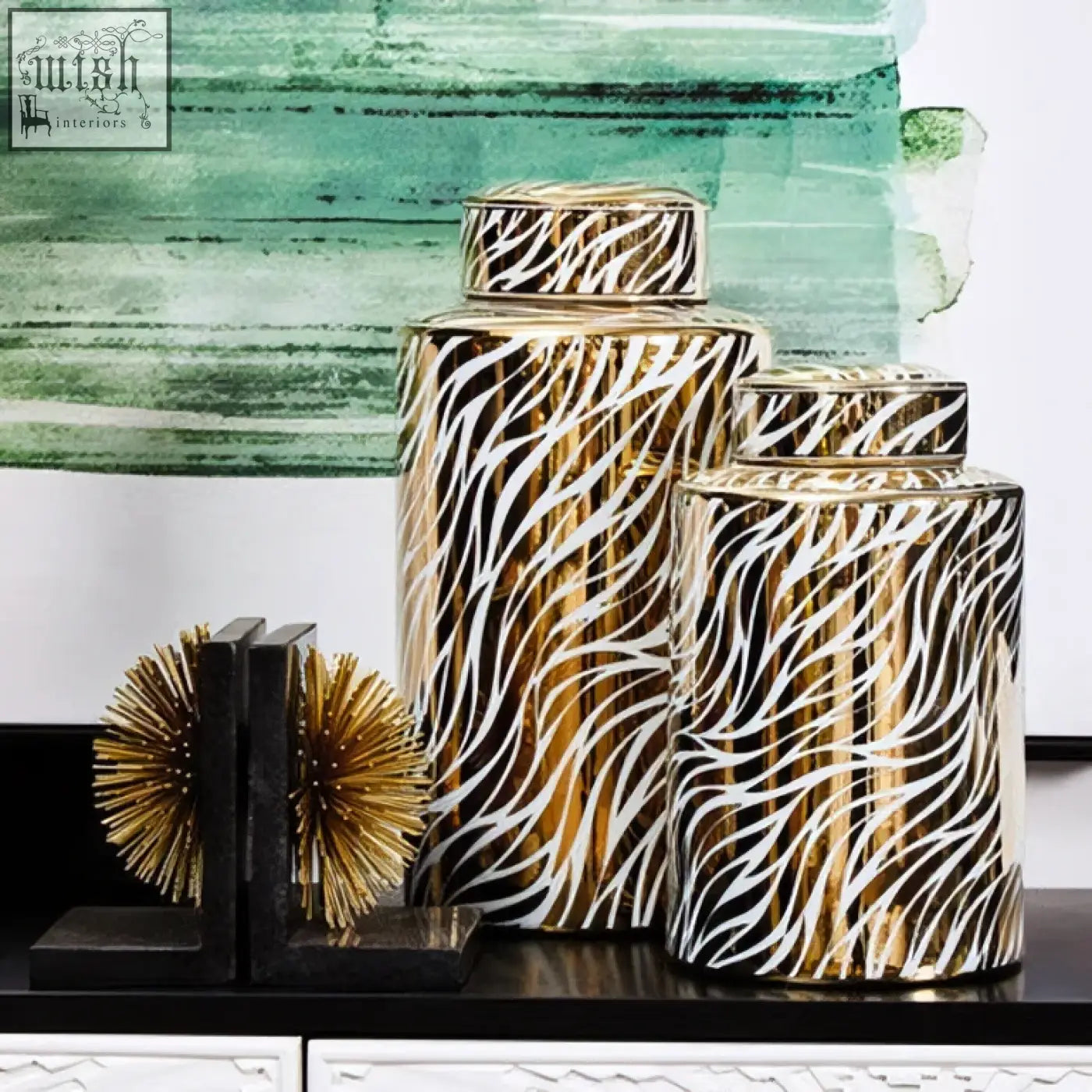 Two doria large white ceramic jars with zebra-striped black white and gold finish for stylish storage