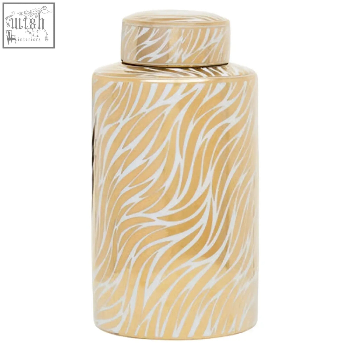 A doria large white ceramic jar with gold finish and matching lid featuring an elegant white zebra-striped pattern