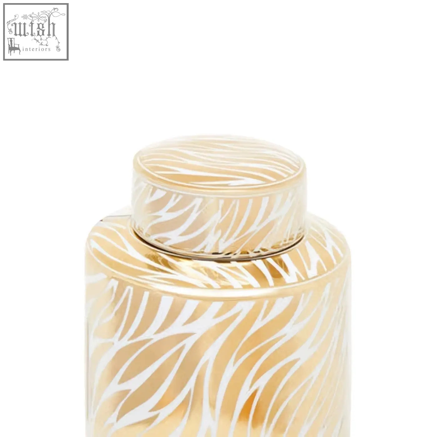 Doria large white ceramic jar with a gold-toned finish and white zebra-striped pattern with matching lid