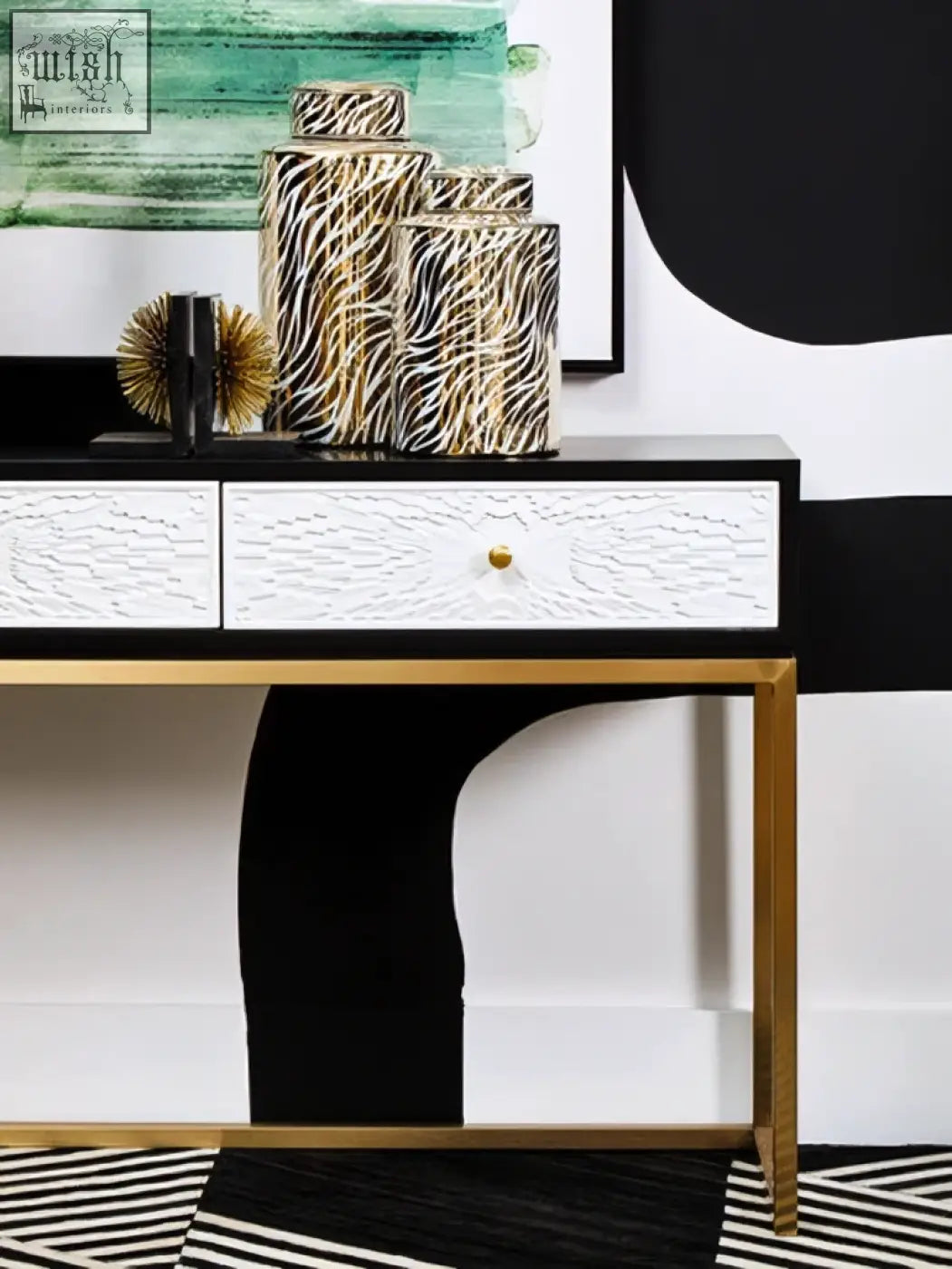 Zebra-printed glossy cylindrical storage boxes styled with doria large white and gold finish ceramic jar design