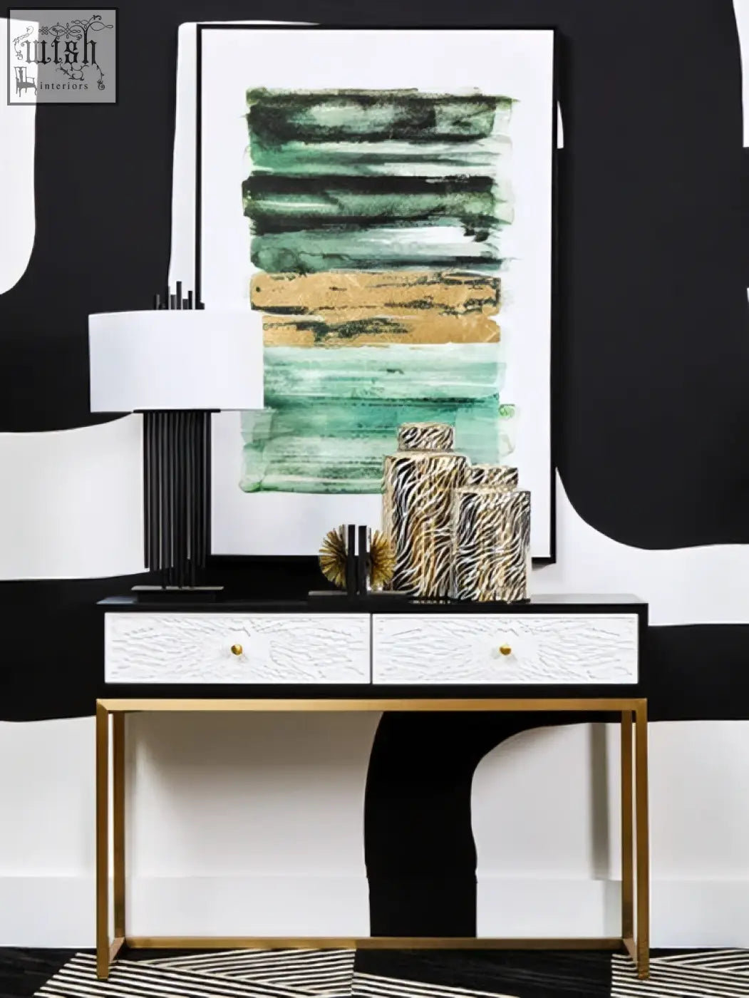 Black and white console table with gold legs and textured drawers featuring doria large white ceramic jar display