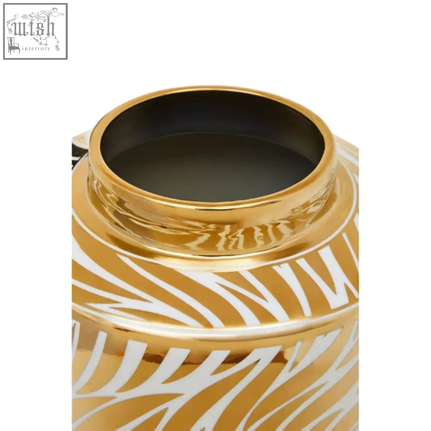 Large white ceramic jar doria large white with gold and white zebra stripes and a glossy finish