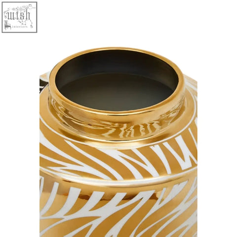 Large white ceramic jar doria large white with gold and white zebra stripes and a glossy finish
