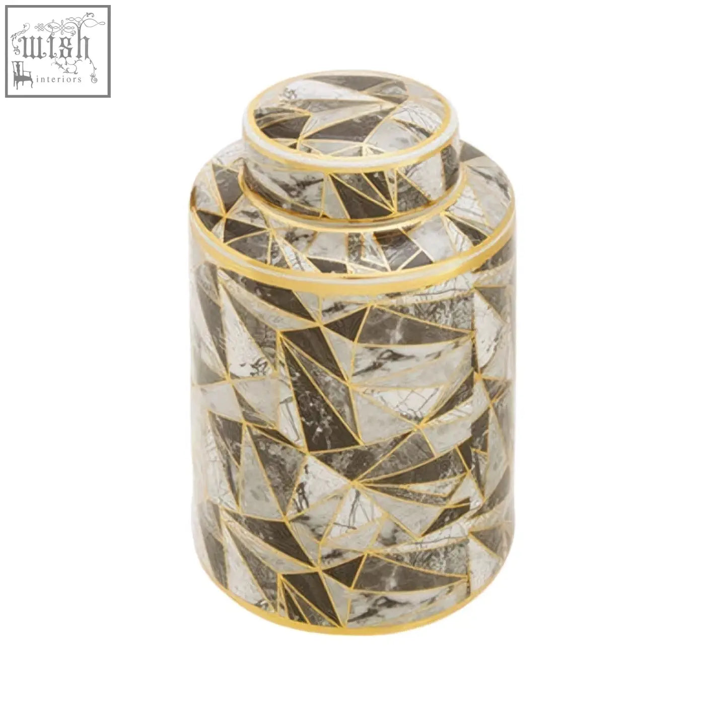 A small cylindrical ceramic jar with marble effect pattern in gray and gold with gold trim on lid and base