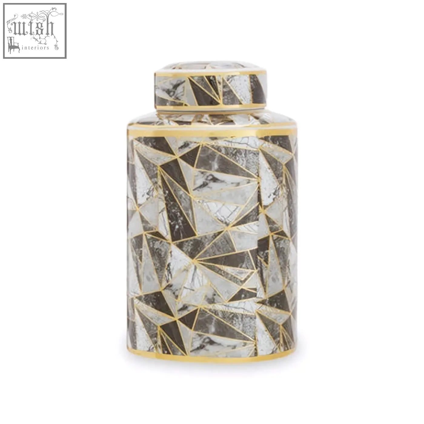 Doria small marble effect pattern ceramic jar with silver and black mirrored triangles and gold-trimmed lid and base