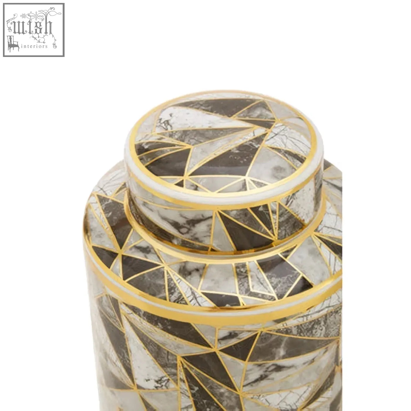 Doria small ceramic jar with gold trim and marble effect pattern in black white and gray geometric mosaic tiles