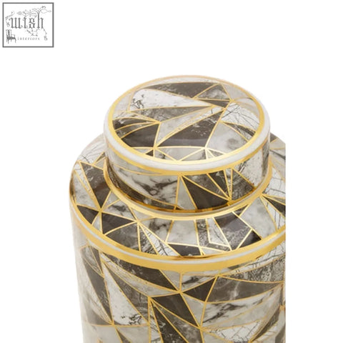 Doria small ceramic jar with gold trim and marble effect pattern in black white and gray geometric mosaic tiles