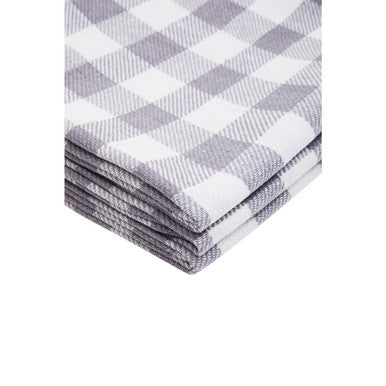 Stack of folded gray and white gingham cotton tea towels from the doro set of three white cotton tea towels