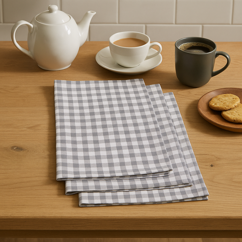 Neatly folded gray and white checkered cotton tea towels from doro set on wooden table for kitchen use