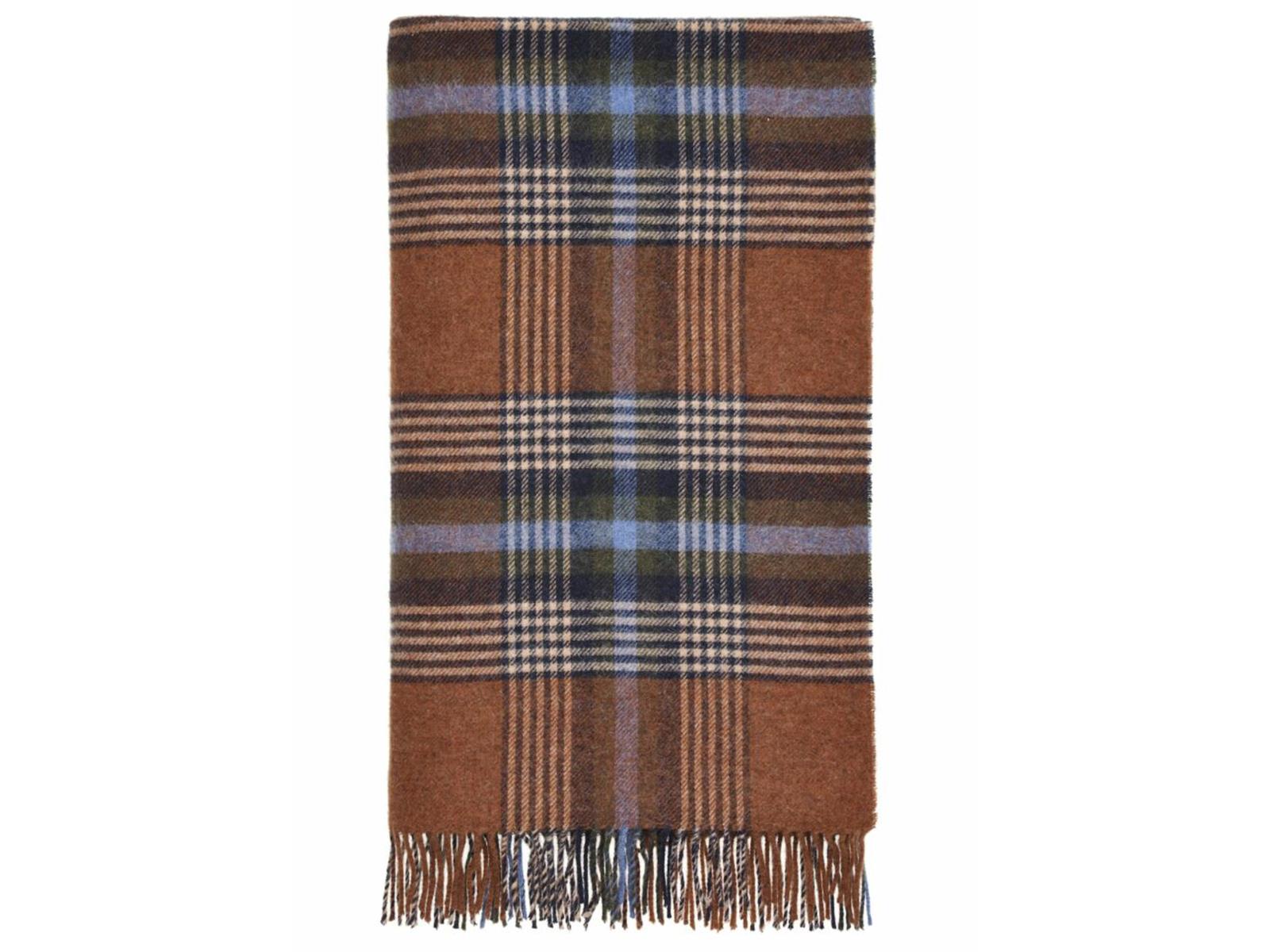 Dorset shetland pure new wool throw rust in warm brown plaid with blue green beige stripes and soft fringed wool texture