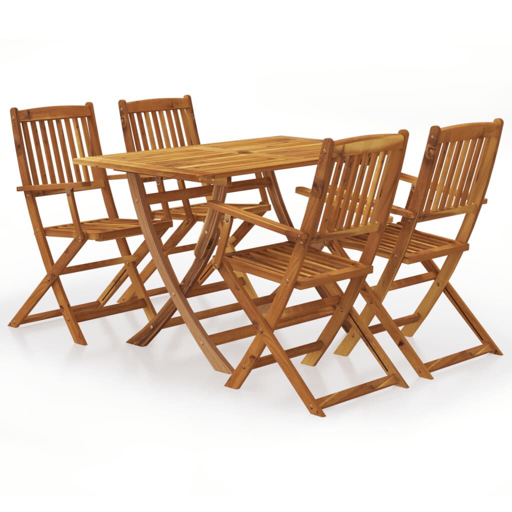 Light brown acacia wood folding patio table with four matching chairs featuring slatted backs and seats