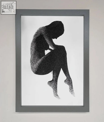 A minimalist gray-framed poster featuring a black-and-white dotted figure silhouette in a dotted figure framed design