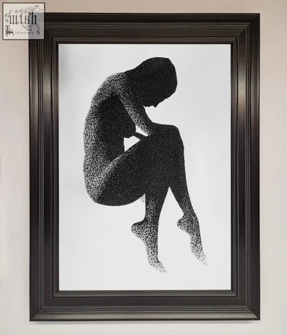 Black-framed figure framed poster featuring a seated dotted figure in dense black dotwork on a white background
