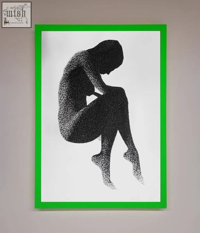 A dotted figure framed poster with a black dot-matrix silhouette of a seated figure and a vibrant green border