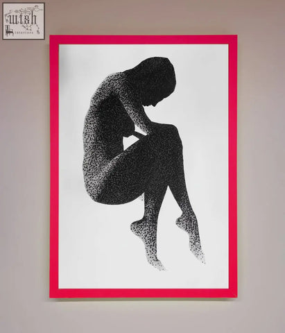 A striking black-and-white dotted figure framed poster with vibrant pink border perfect for wall decor