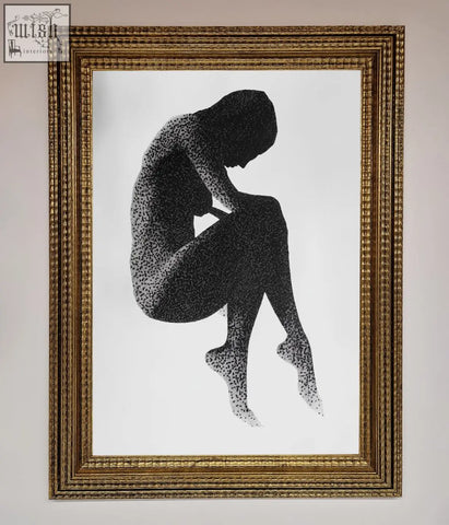 A black-and-white dotted figure framed poster featuring a dotwork silhouette in an ornate gold frame