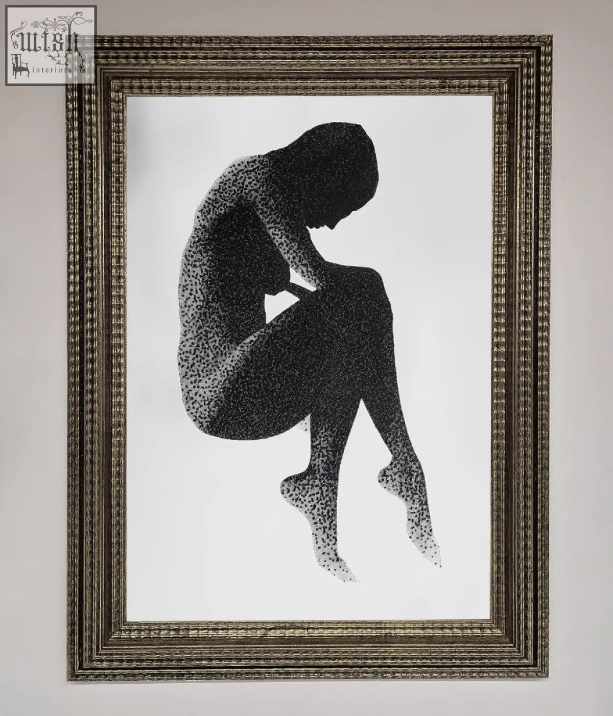 A black-and-white dotted figure framed poster with dotwork artwork in an ornate gold-toned textured frame