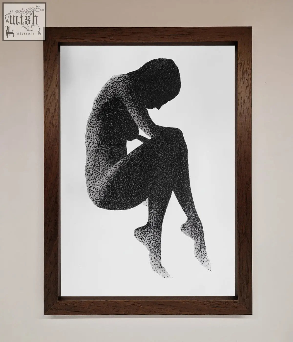 A black and white dotwork seated figure in a dark wooden frame dotted figure framed poster perfect for wall art