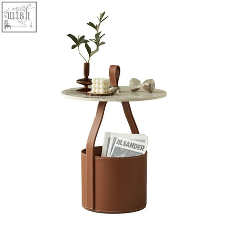Dottie portable side table in brown leather with sintered stone top and integrated storage basket for easy use
