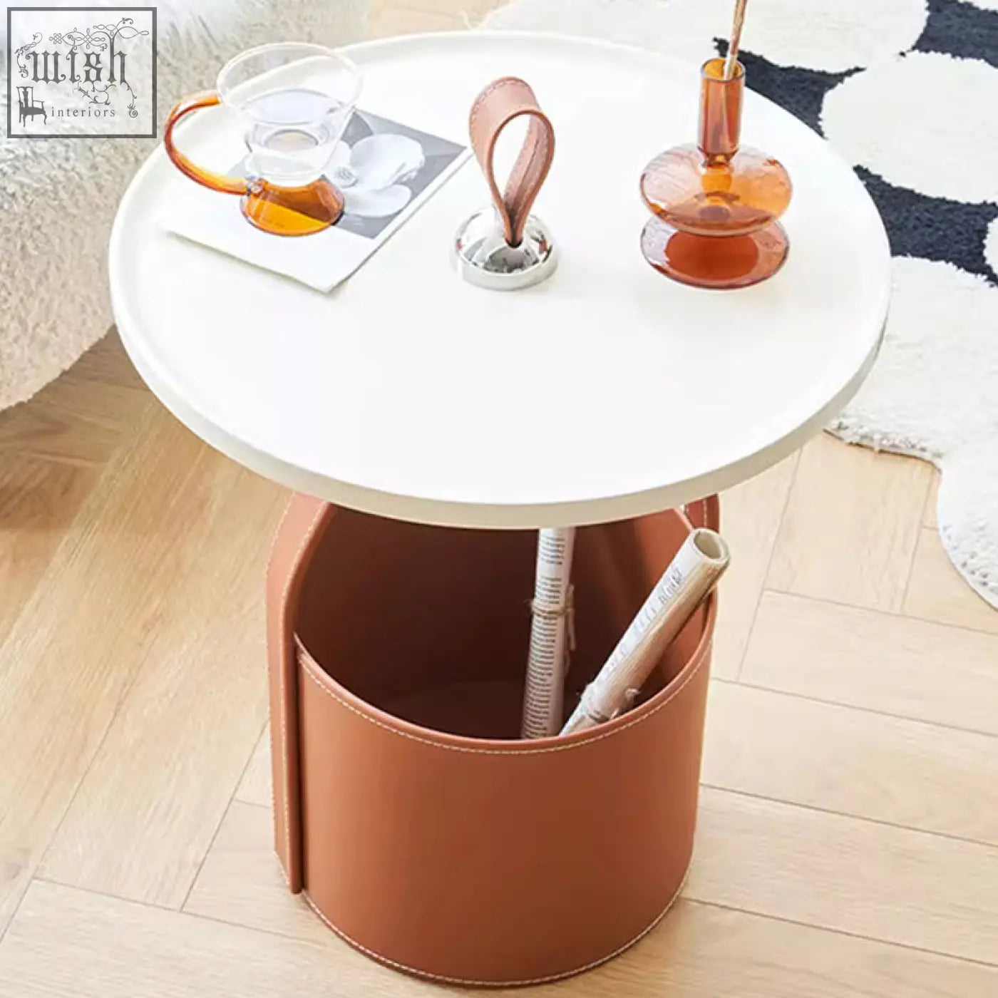 White dottie portable side table with round sintered stone top and brown leather storage basket base