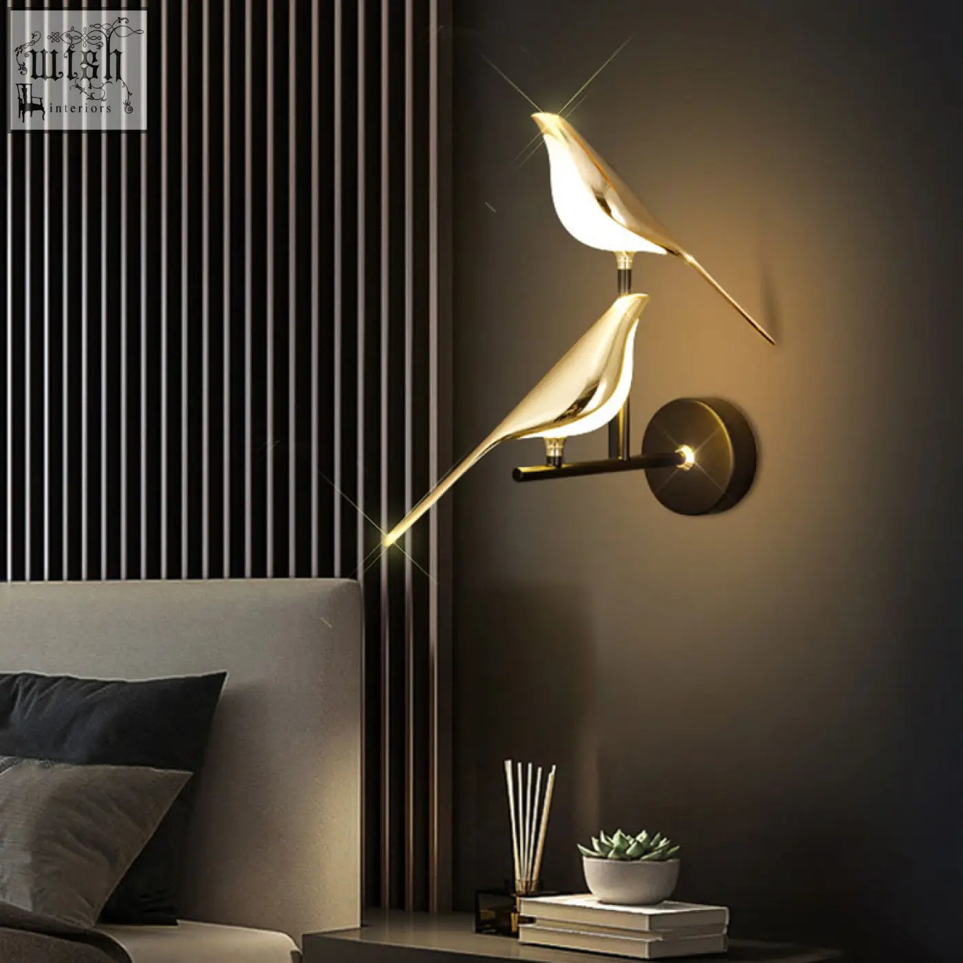 Gold-toned double chirpy led bird wall light with sleek modern design perfect for nursery ambient lighting