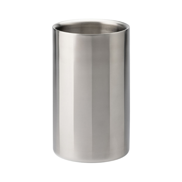 A sleek cylindrical stainless steel double wall wine cooler with polished finish for chilling bottles