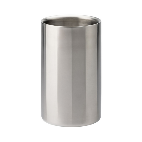 A sleek cylindrical stainless steel double wall wine cooler with polished finish for chilling bottles