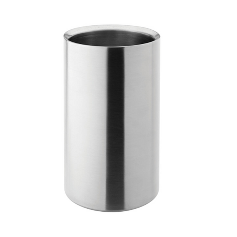 Stainless steel double walled wine cooler ice bucket with sleek reflective finish for chilling bottles