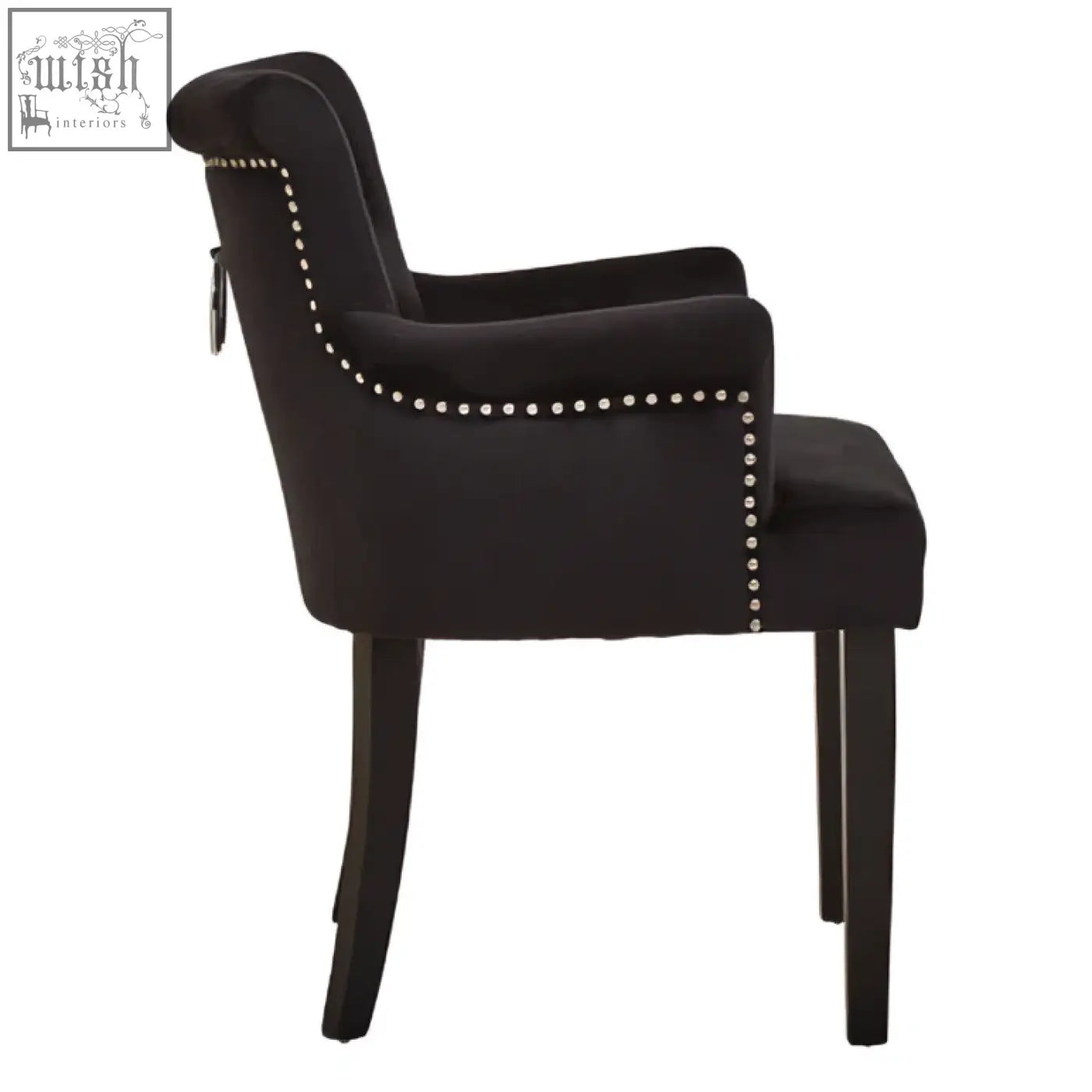 Black velvet dining chair with nailhead trim and ring back upholstered in black velvet for stylish dining seating