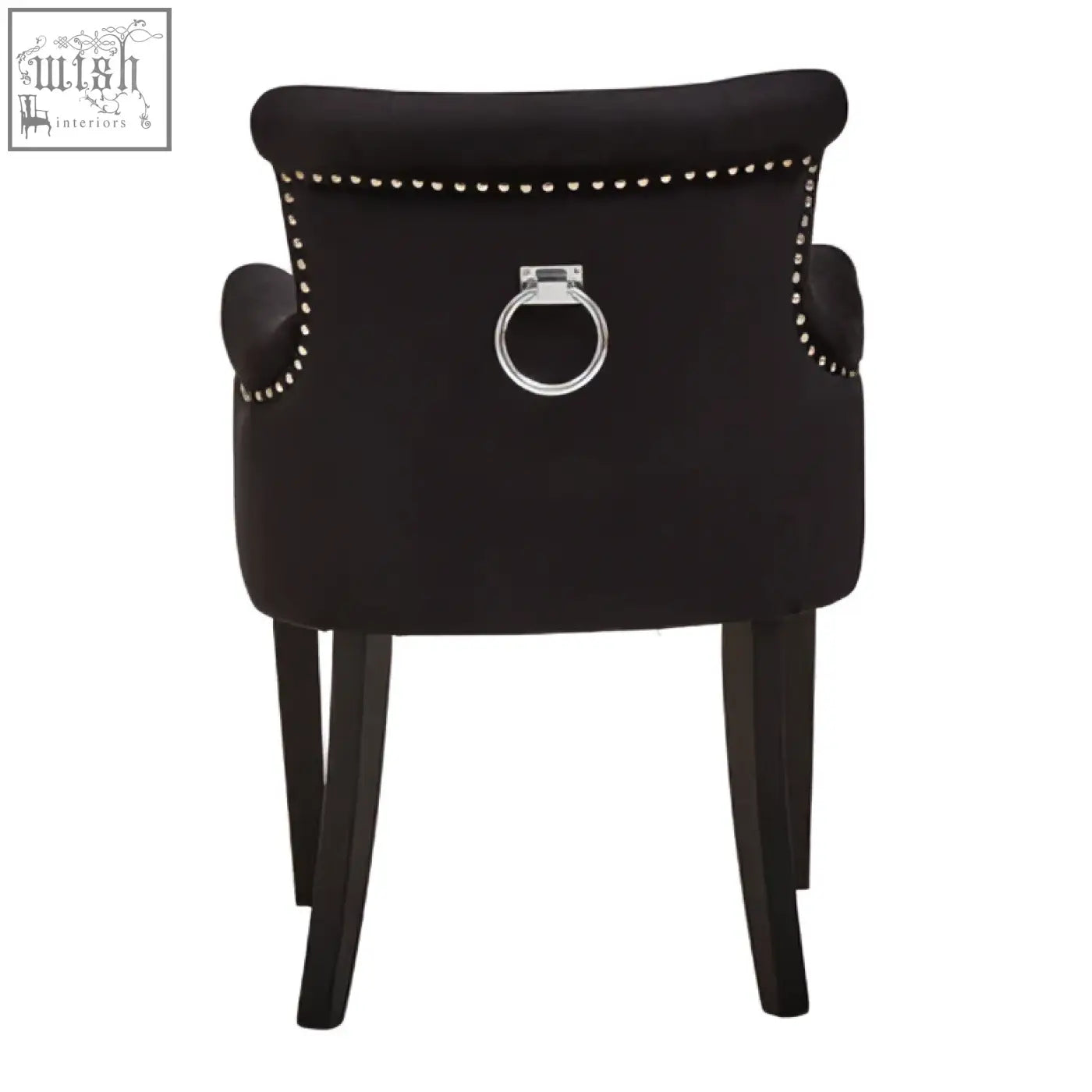 Doucet black velvet dining chair with ring back featuring silver nailhead trim and central ring handle