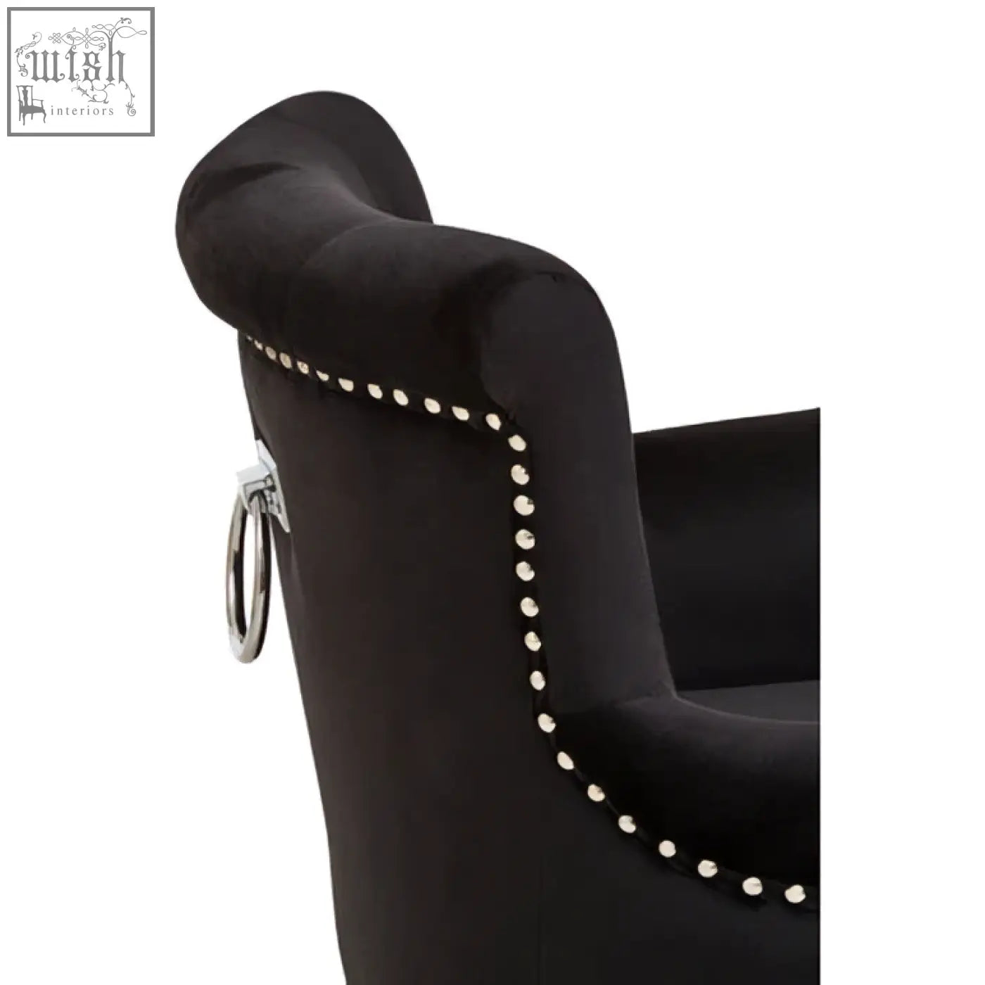 Black velvet dining chair with silver nailhead trim and metallic ring accent perfect for dining rooms